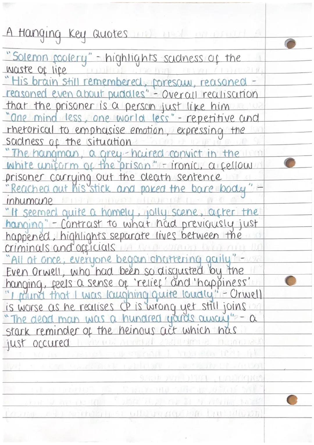 # A Hanging key Quotes

"A sodden morning" - miserable weather, reflects
prison(er) mood, pathetic fallacy
"Sickly light" - unnatural atmosp