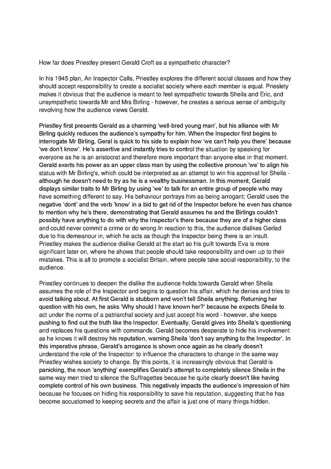 Inspector Calls Grade 9 Example Essay