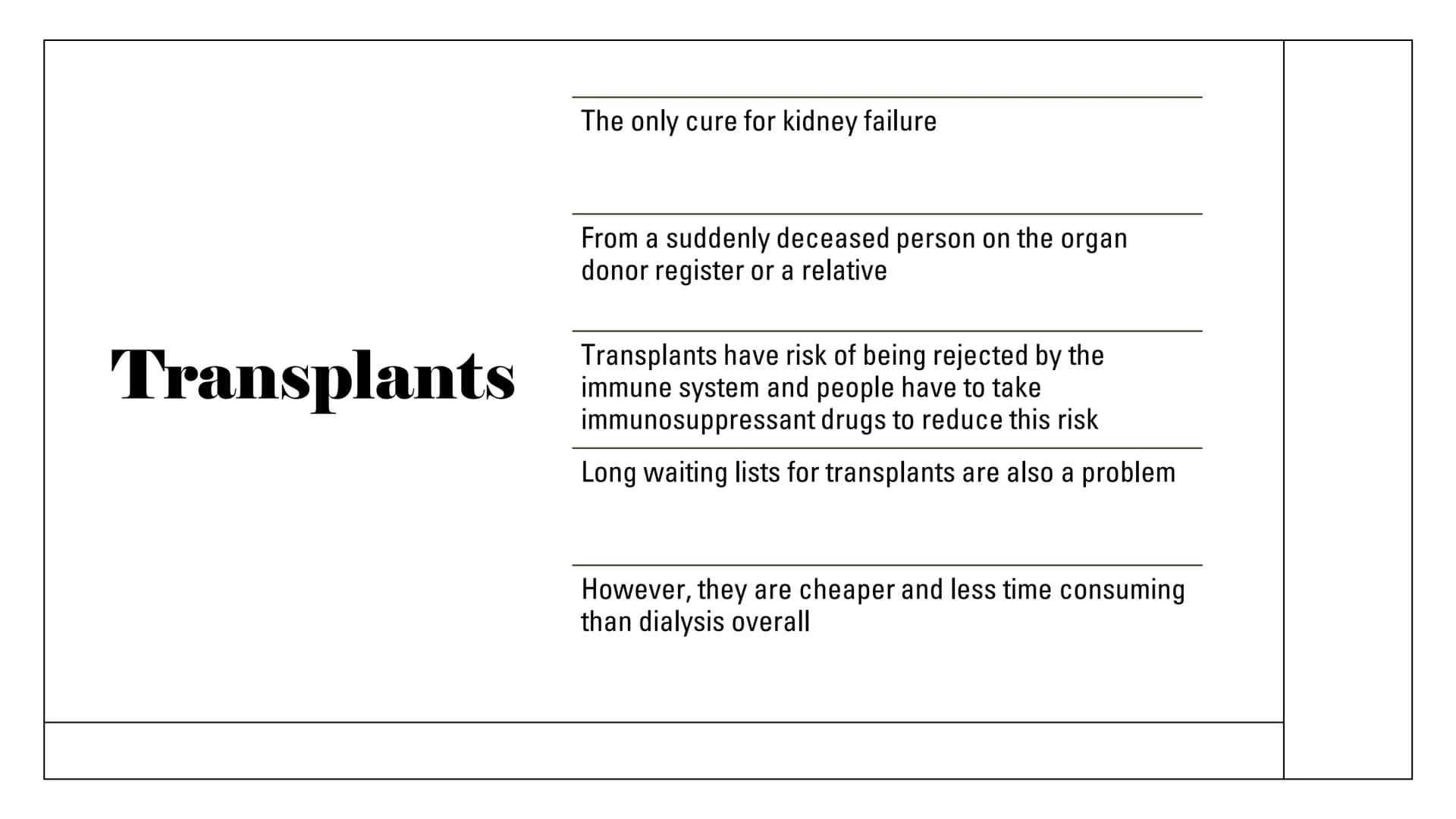 The Kidneys Functions
Remove waste/excess
substances from the blood
to be excreted as urine
These substances include
excessions and water, a