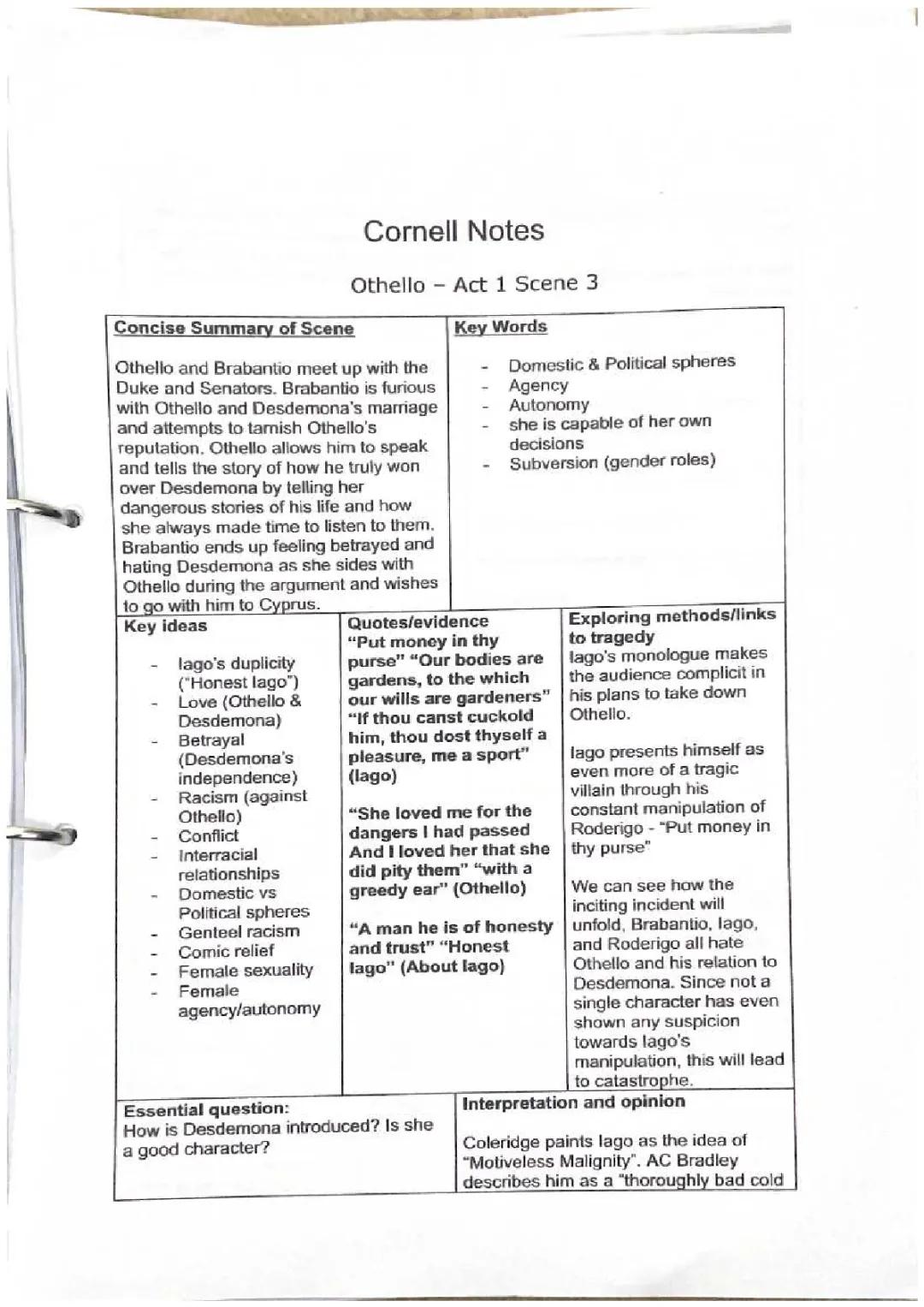 Othello Cornell notes act 1 scene 3
