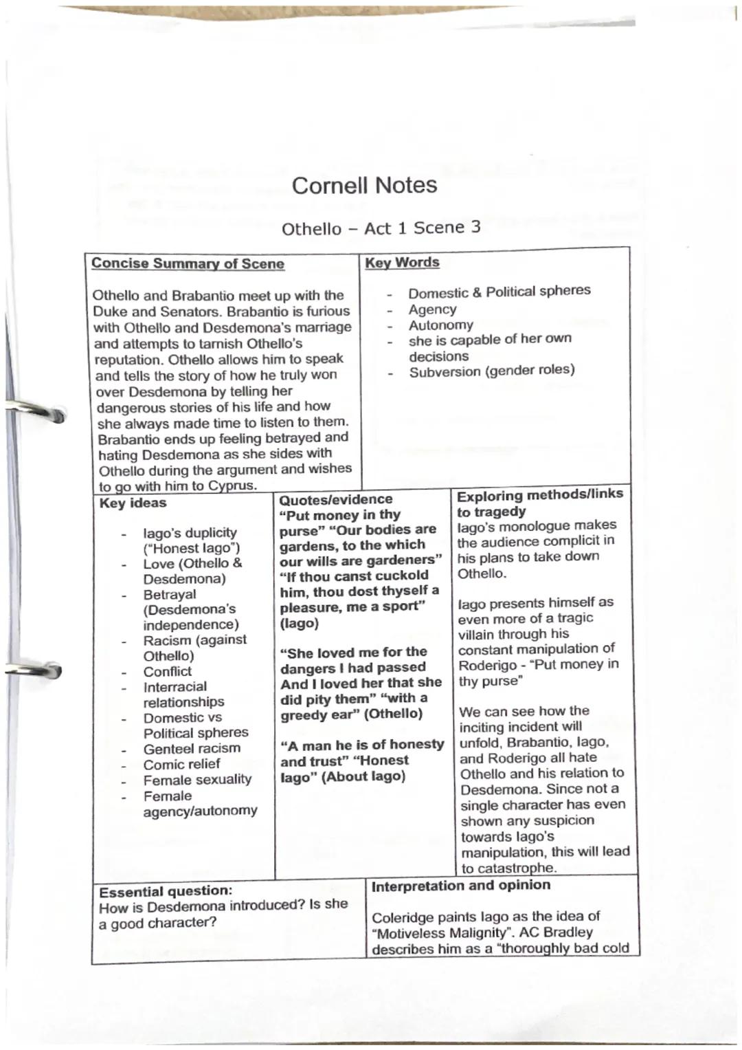Concise Summary of Scene
Othello and Brabantio meet up with the
Duke and Senators. Brabantio is furious
with Othello and Desdemona's marriag