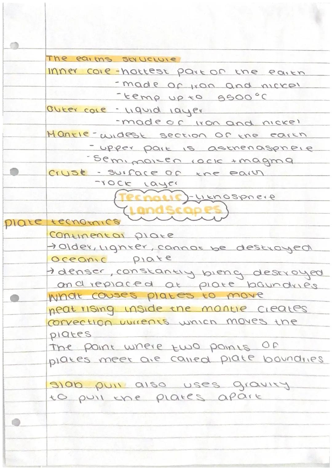 The earths structure

inner core - hottest part of the
earth
-made of iron and nickel
-temp up to 5500°C

Outer core liquid layer
-made of i