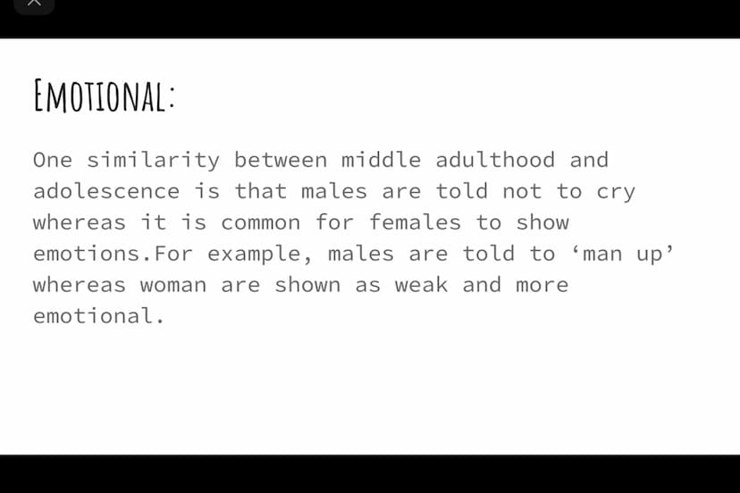 K
SIMILARITIES AND DIFFERENCES
BETWEEN ADOLESCENCE AND MIDDLE
ADULTHOOD- GENDER ROLES
Health and social care K
PHYSICAL:
One similarity betw