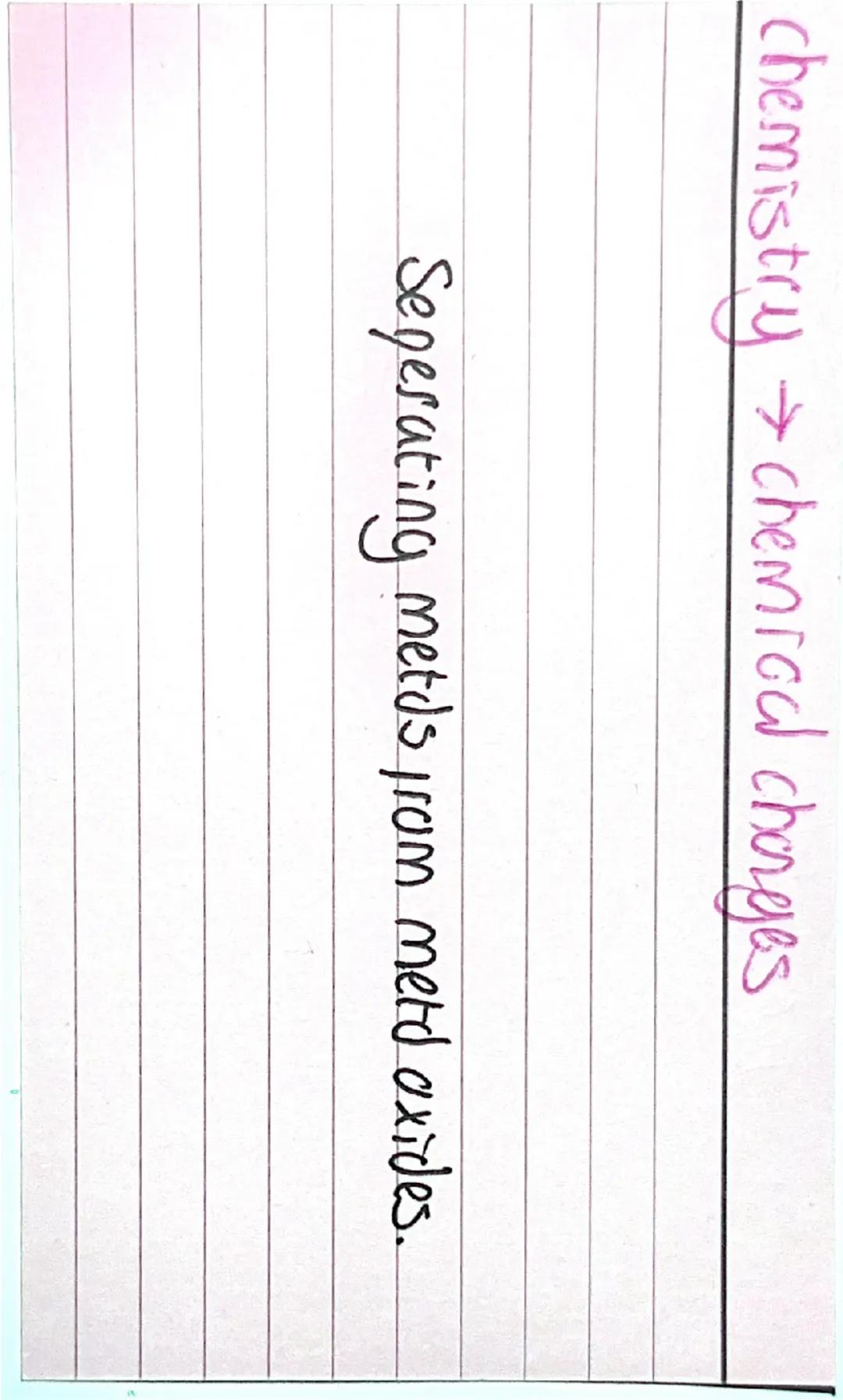 →
chemistry chemical charges
Seperating metds from meto oxides. OILRIG for electrons
oxidation- goning oxygan
reduction = loss of oxygen
how