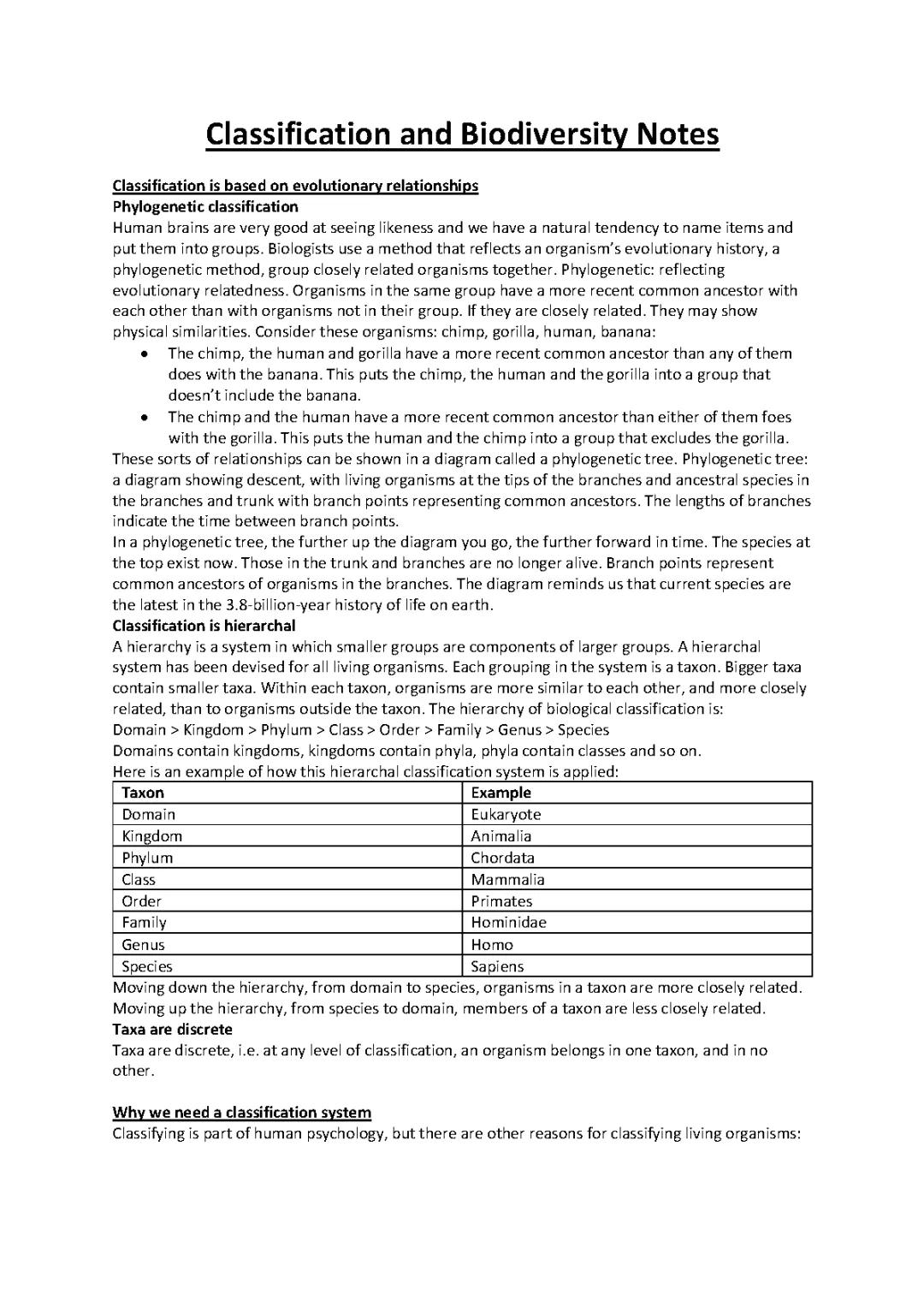 Classification and Biodiversity Notes
