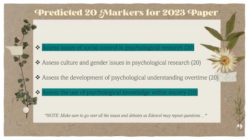 Assues and
Debates 20
Marker
Edexcel Psychology, Paper 3
Predicted questions
Structures to use
- Ideas for essay plans
-
- Past 20 Markers i