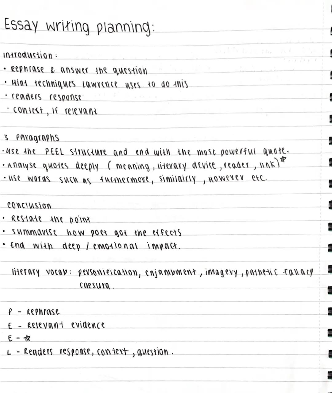Essay writing planning:
introduction:
• Rephrase & answer the question
• Hint techniques Lawrence uses to do this
• readers response
•contes