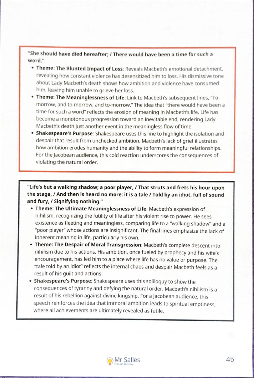 "Is this a dagger which I see before me, / The handle toward my hand? Come, let
me clutch thee."
- Theme: Deteriorating Psychological State 