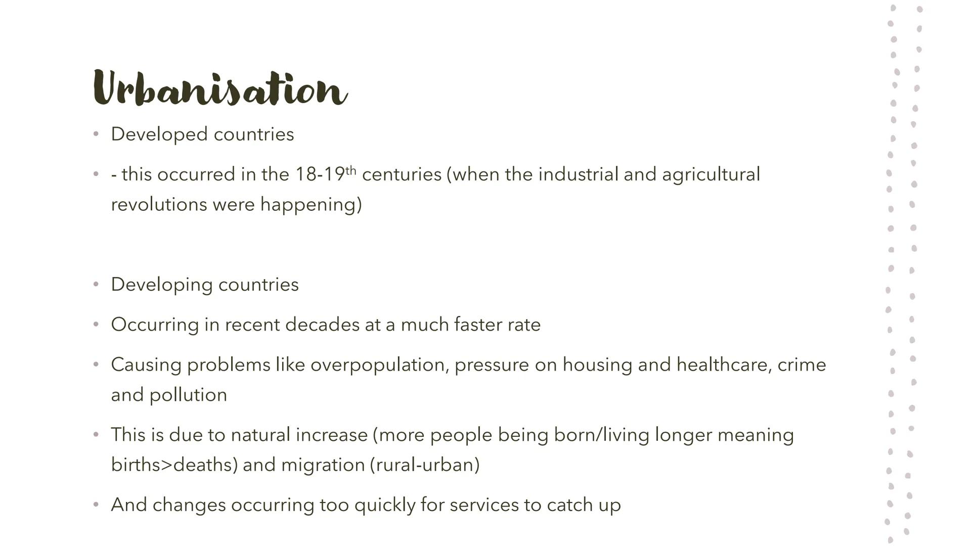 # Changing cities Key key terms

• Developed (MEDC) - wealthy countries

• Developing/emerging (LEDC) - less wealthy countries

• Urbanisati