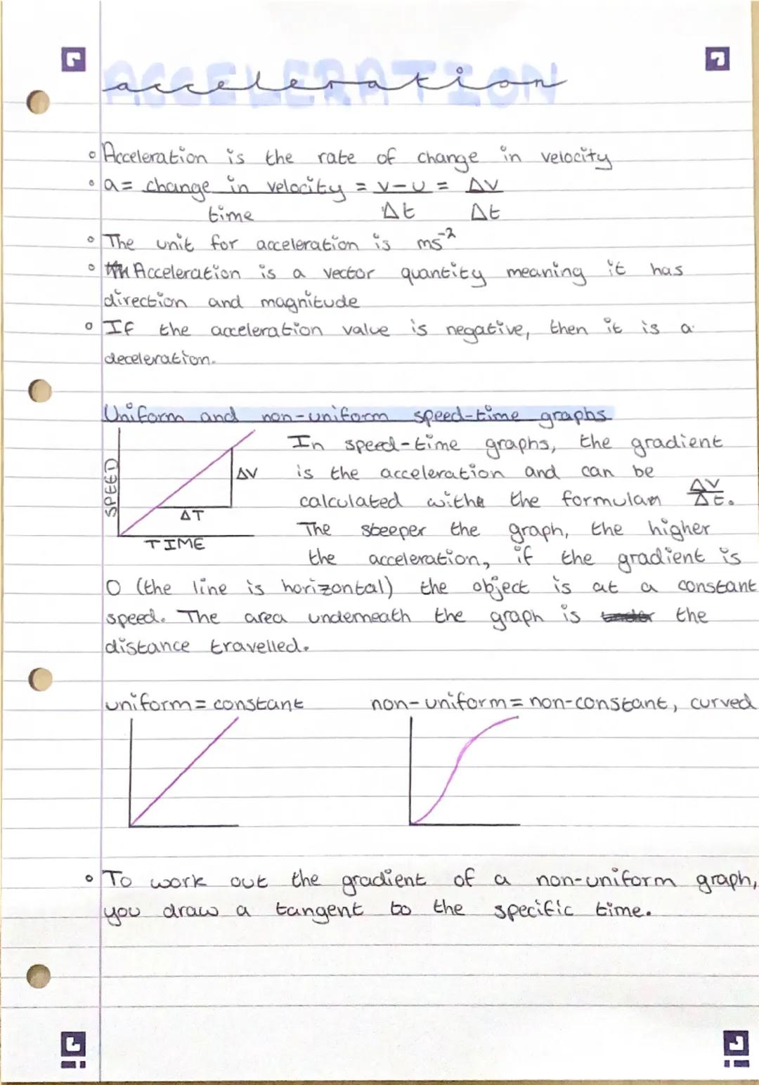 r
• Acceleration is the rate of change in velocity
• a= change in velocity = v-u= AV
 time
$\\Delta$$\epsilon$
• The unit for acceleration i