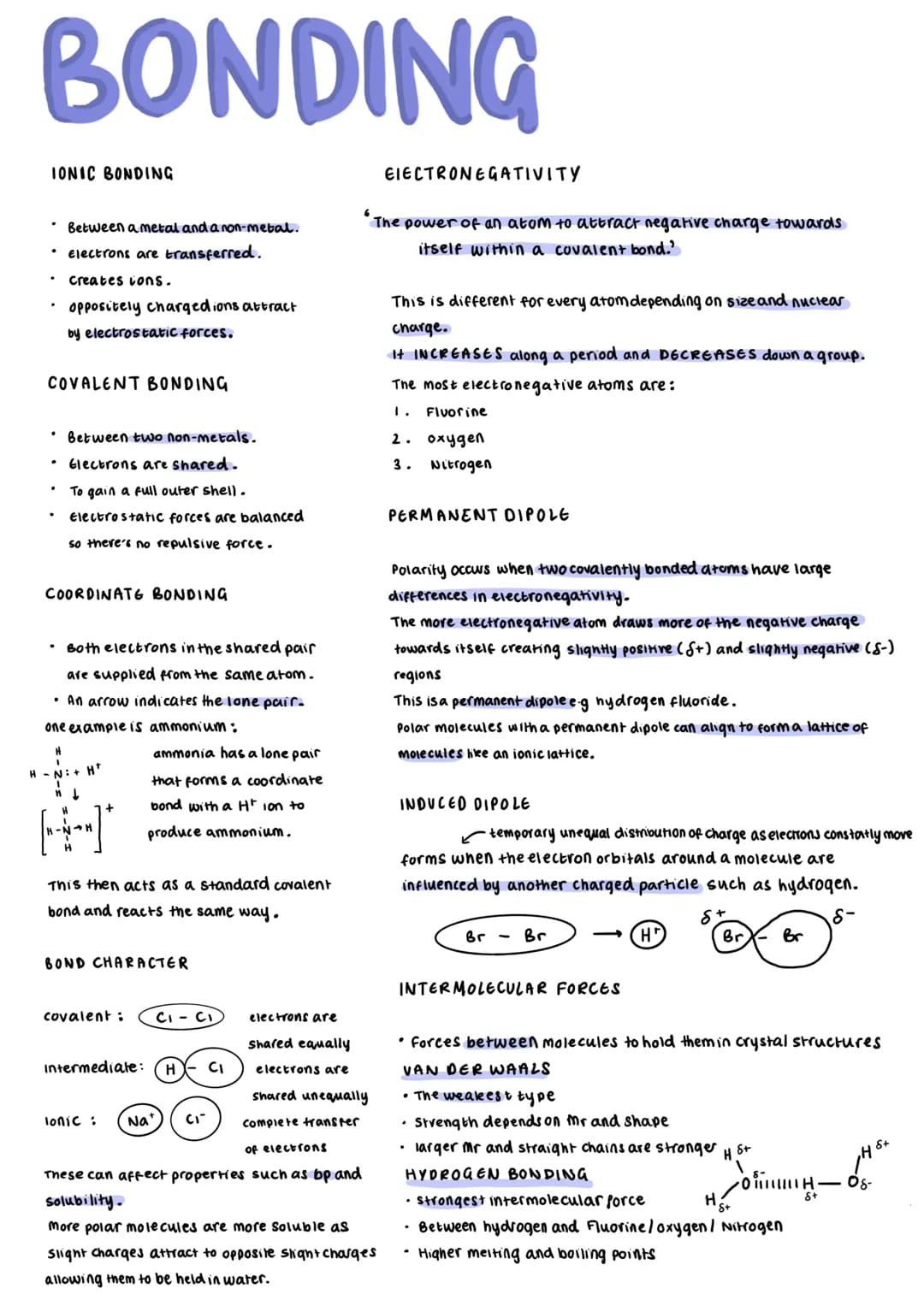 
<h2 id="ionicbonding">Ionic Bonding</h2>
<p>Ionic bonding occurs between a metal and a non-metal where electrons are transferred, creating 