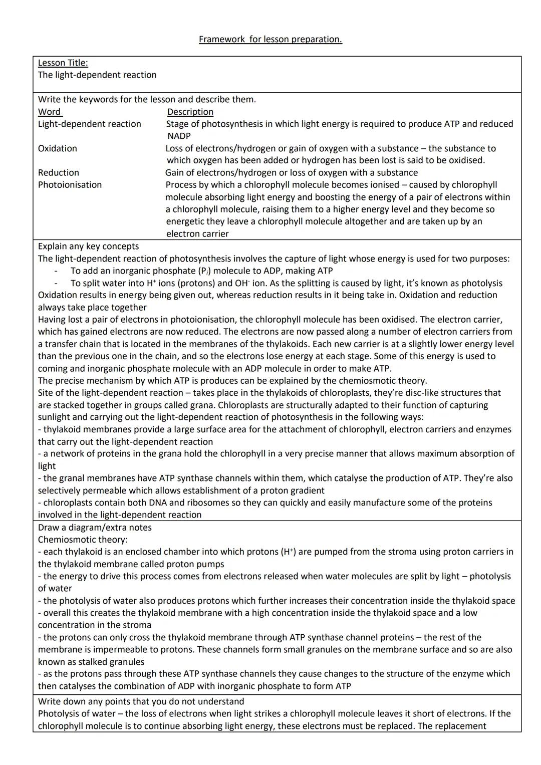 Lesson Title:
Overview of photosynthesis
Write the keywords for the lesson and describe them.
Word
Photosynthesis
Glucose
ATP
Photolysis
Co-