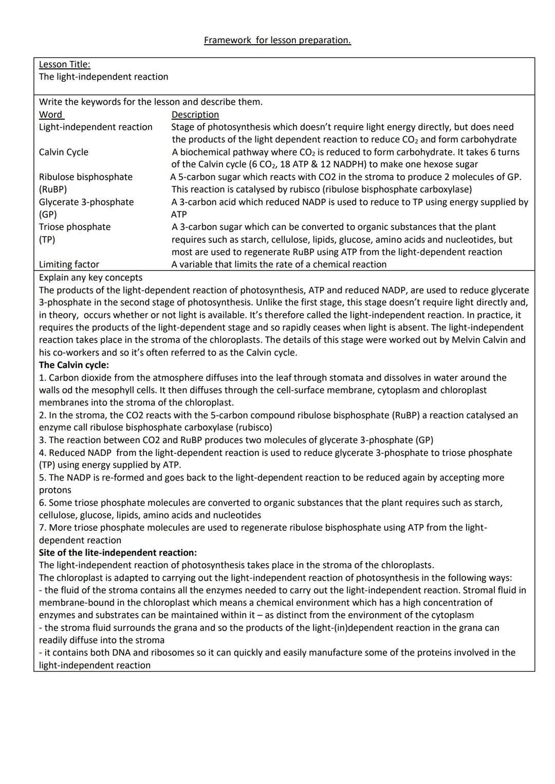 Lesson Title:
Overview of photosynthesis
Write the keywords for the lesson and describe them.
Word
Photosynthesis
Glucose
ATP
Photolysis
Co-