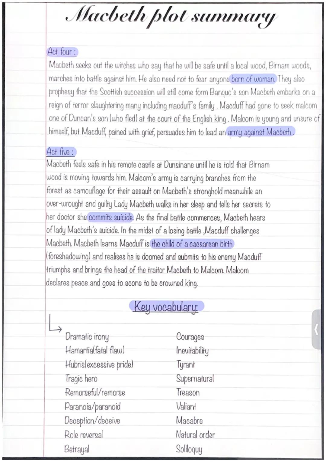 Macbeth plot summary
Act one:
The play opens with three witches chanting on a bleak moorland. In the next scene we hear a
battle reports in 