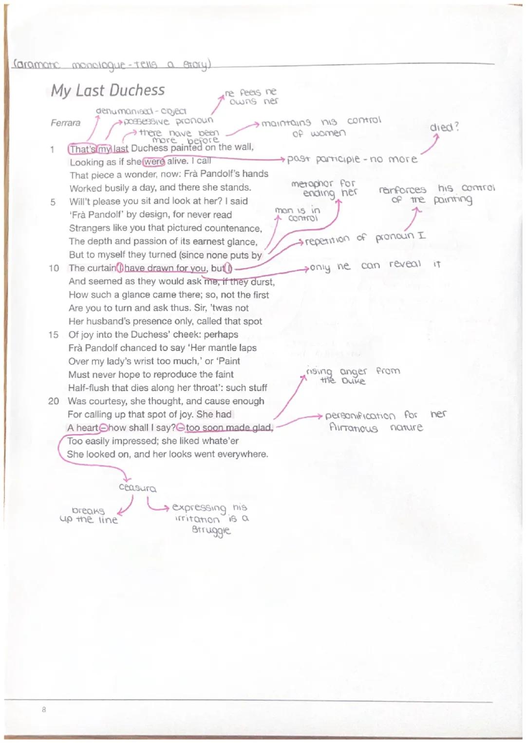 Caramatic monologue-tells a story)
My Last Duchess
Ferrara
1
5
denumanised-object
possessive pronoun
there have been
more before
ne feels ne