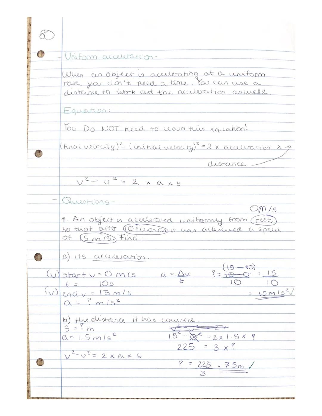 77

Acceleration
*   Acceleration is the change in velocity.
*   It is a vector quantity.

Equation:

acceleration = $\frac{change \ in \ ve