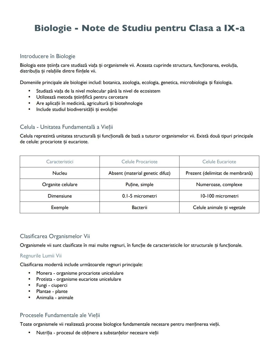 # Biologie - Note de Studiu pentru Clasa a IX-a

Introducere în Biologie

Biologia este știința care studiază viața și organismele vii. Acea