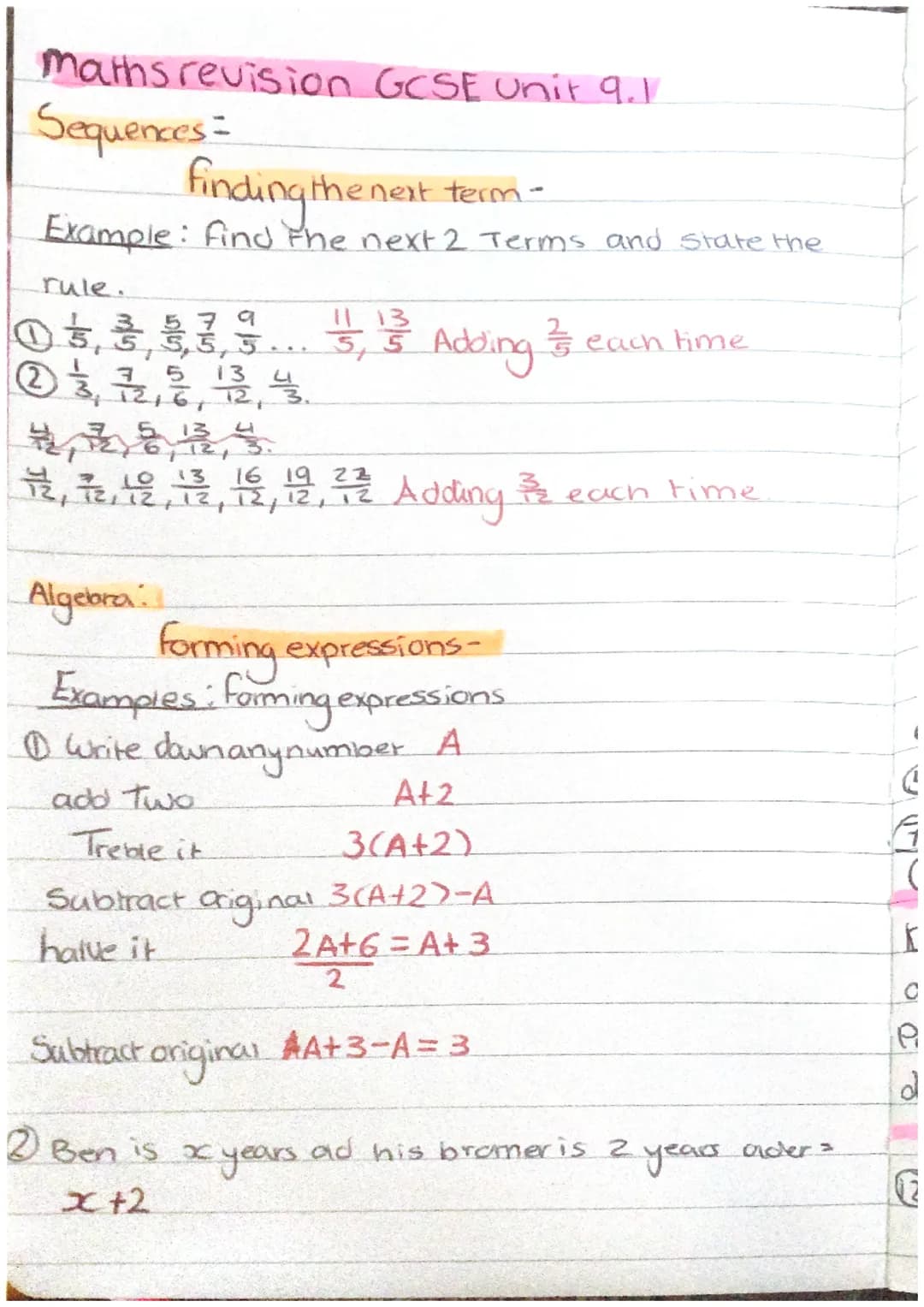 maths revision GCSE Unit 9.1
Sequences =
finding the next
Example: find the next 2 Terms and state the
rule.
the next term-
0 3,3,3,3,3 ... 