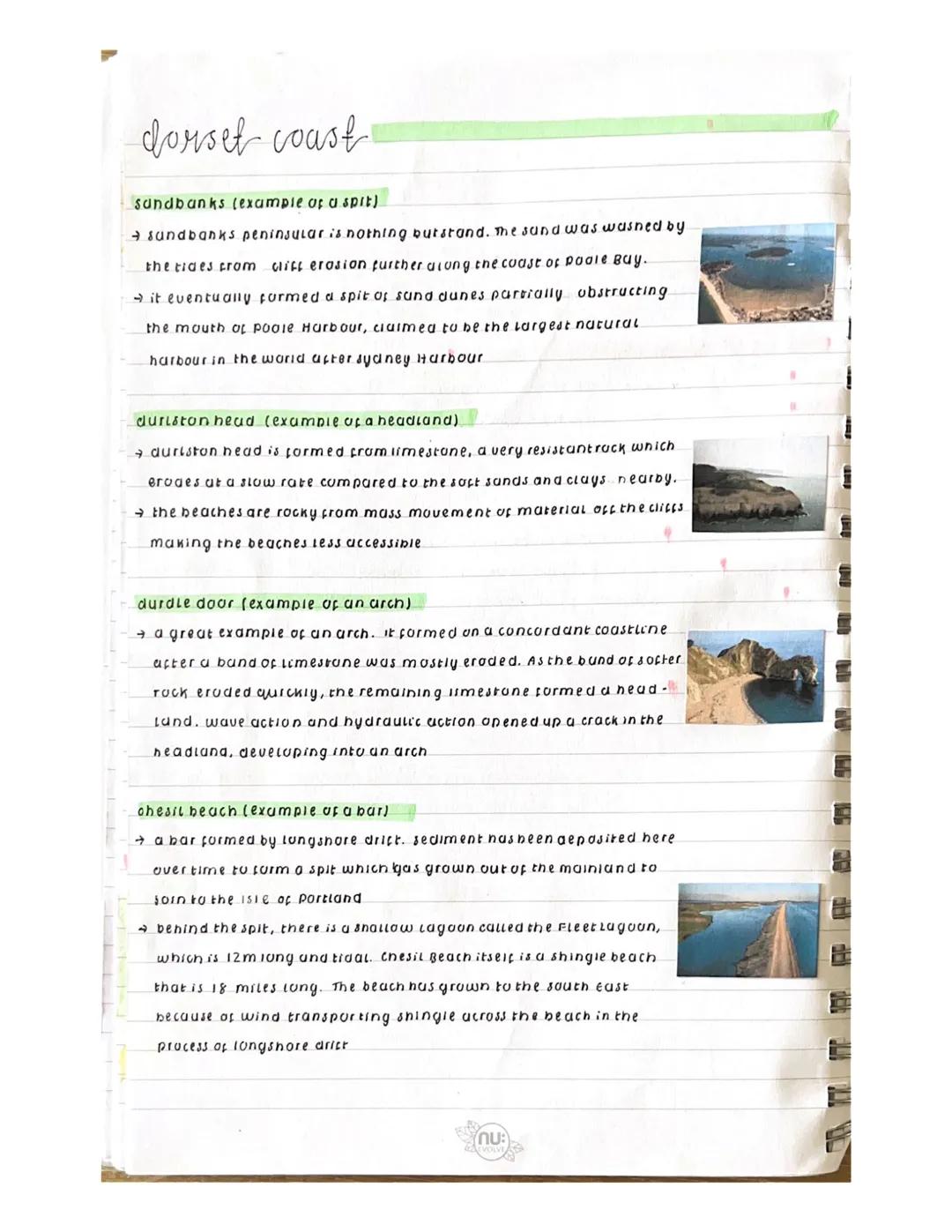 dorset coast

sandbanks (example of a spit)

sundbanks peninsular is nothing burstand. The sand was wasned by
the tides crom cliff erosion f