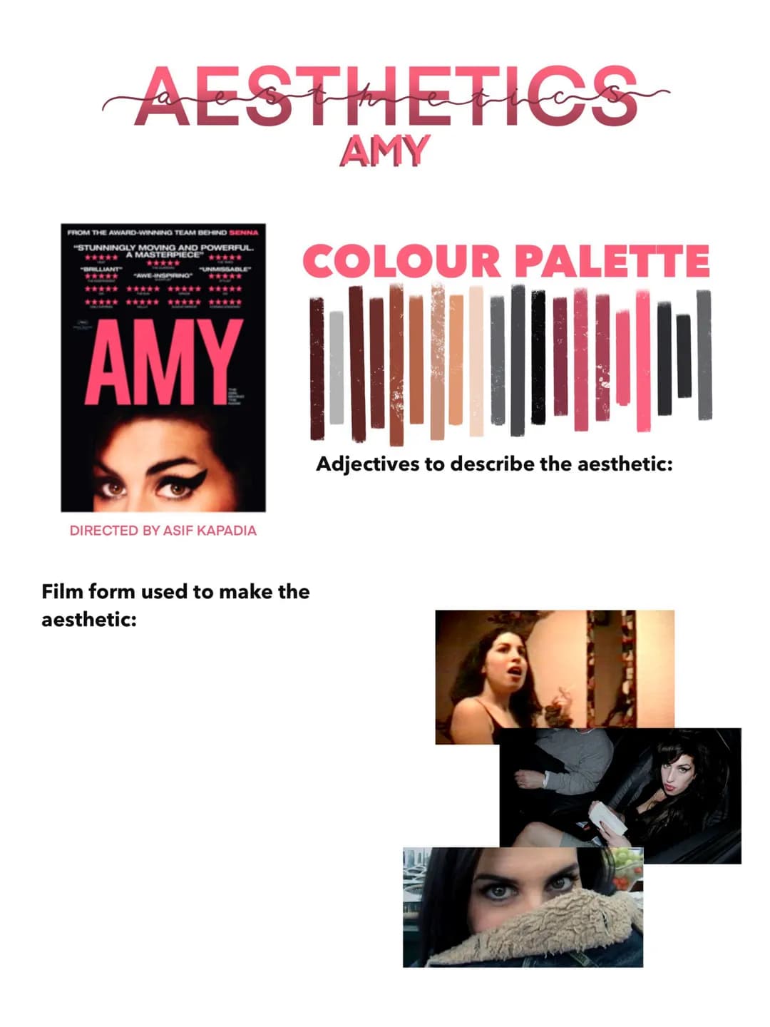 AESTHETICS
CITY OF GOD
CITY OF GOD
DRUGS GUNS MUSIC LOVE
CANBRAFEM
DIRECTED BY MEIRELLES AND LUND
COLOUR PALETTE
||||
||||
Adjectives to des