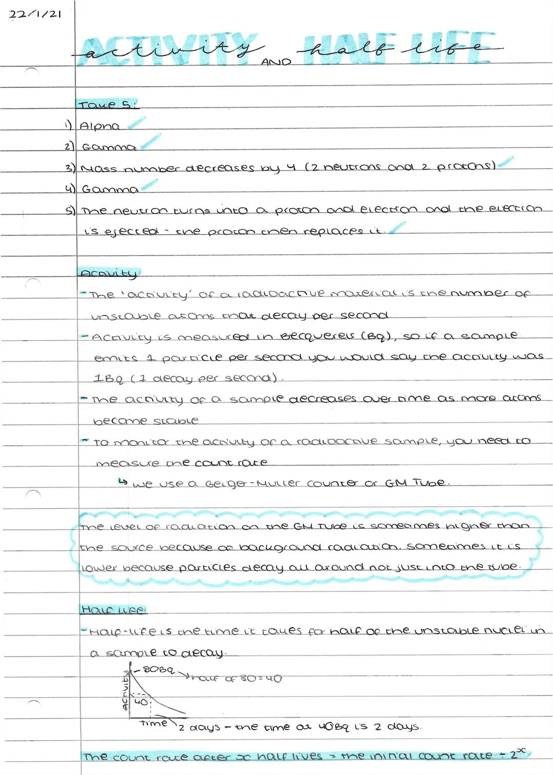 22/1/21
# activity half life
AND

Tave s:
1) Alpha
2) Gamma
3) Mass number decreases by 4 (2 neutrons and 2 protons)
4) Gamma
5) The neutron