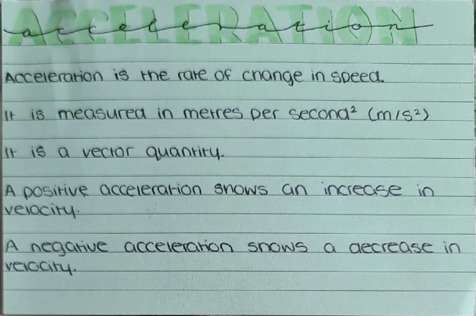 --- OCR Start ---
speed
Speed is the rare at which something moves.
It is measured in metres per second (m/s).
It is a scalar quantity.
It c