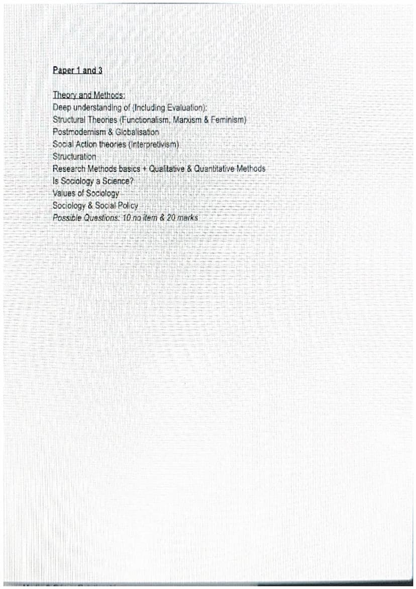 Paper 1
Education
Theory: Functionalism, New Right, Marxism, Neo-Marxism, Feminism, Postmodernism
Gender & Education: Differences and causes