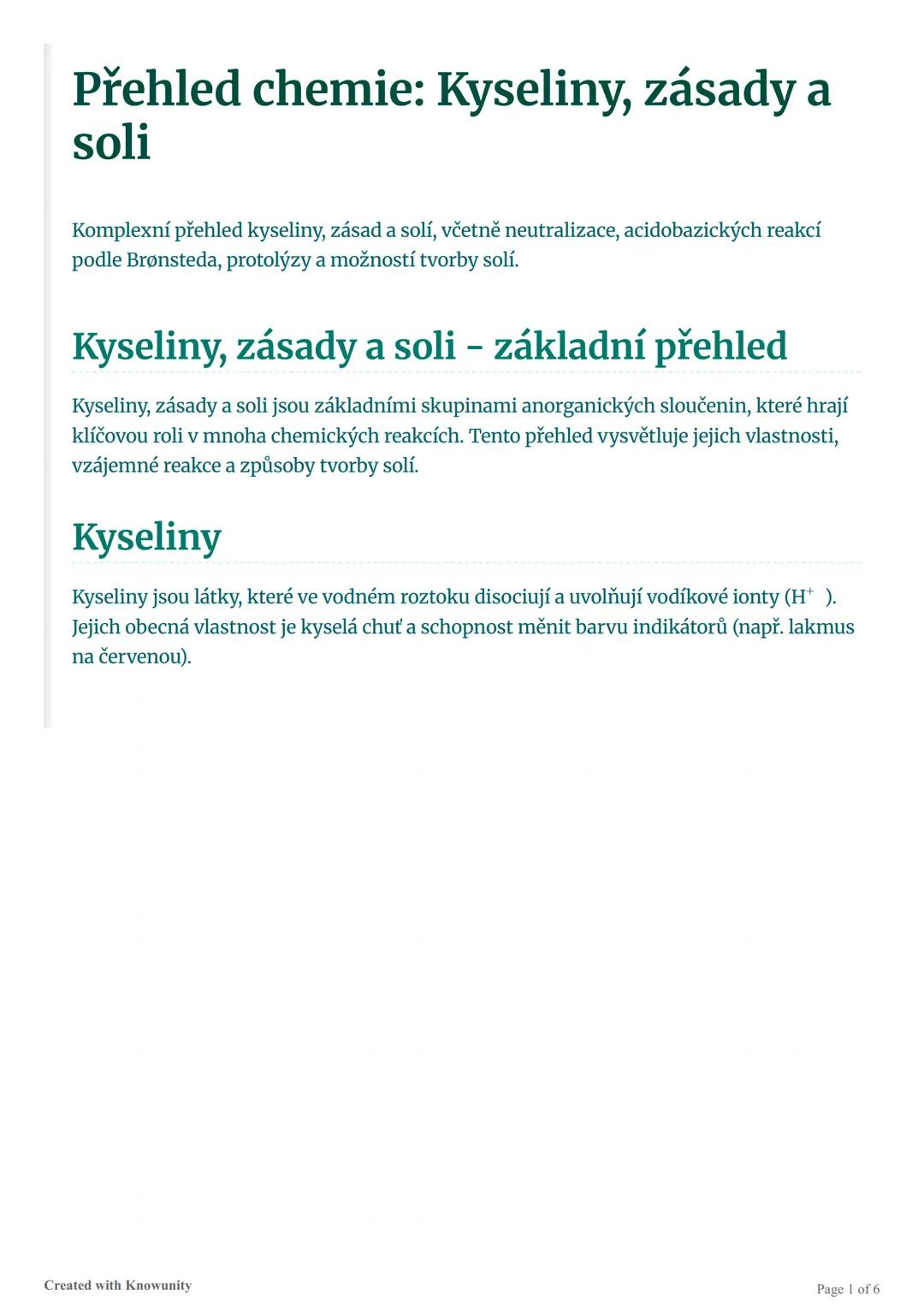 Přehled chemie: Kyseliny, zásady a
soli
Komplexní přehled kyseliny, zásad a solí, včetně neutralizace, acidobazických reakcí
podle Brønsteda