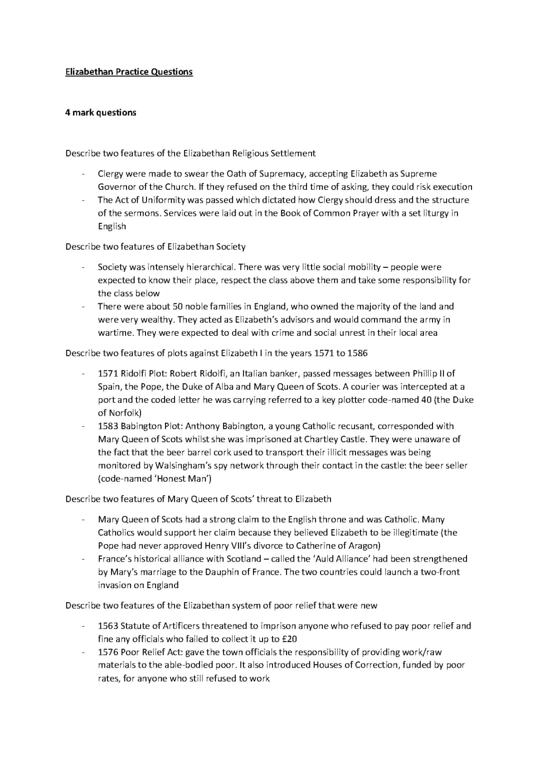 Early Elizabethan England Practise Questions Continued 