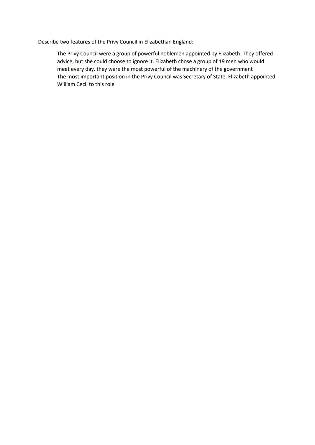 Elizabethan Practice Questions
4 mark questions
Describe two features of the Elizabethan Religious Settlement
Clergy were made to swear the 
