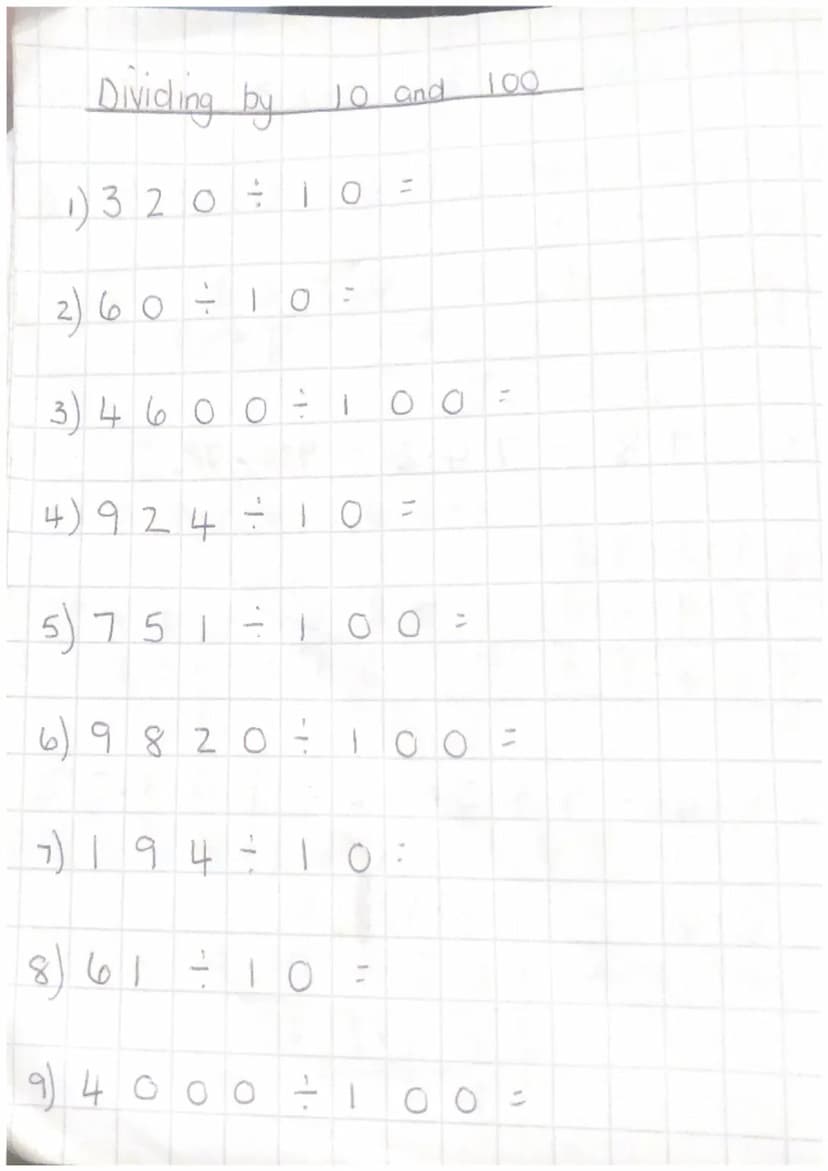 Dividing by
1) 320 ÷ 10
2) 60
3) 4 6 0 0 :
-1·
5 75 1
8
10
1
4) 924 = ТО =
ы
1.
10 and
1
9) 4 000
6) 9 8 2 0 : 100
98 20
7) 1 9 4
- 10
00
00