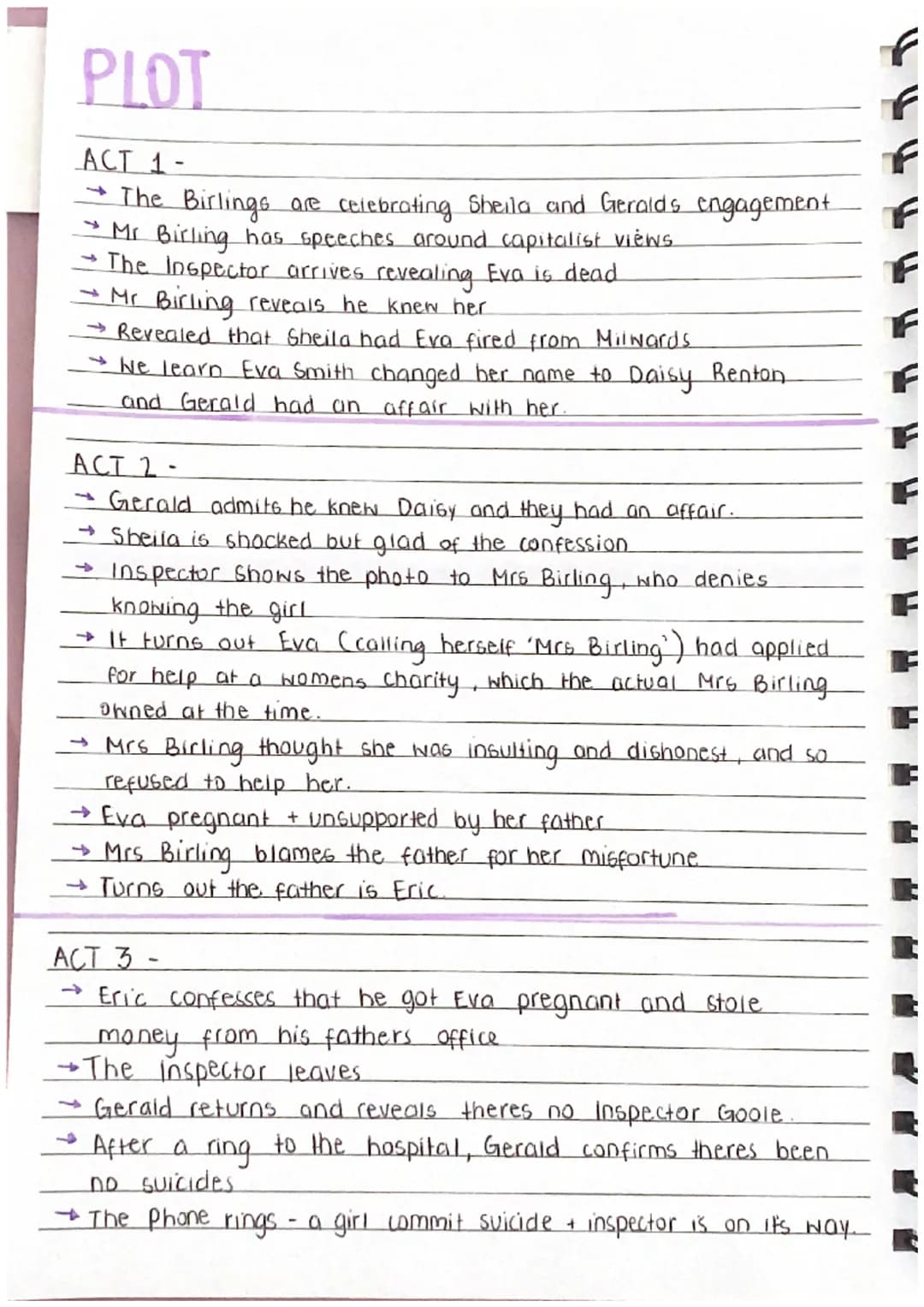 AN INSPECTOR
CAUS
Plot,
Themes,
Author + Context,
Character Analysis PLOT
ACT 1-
→ The Birlings are celebrating Sheila and Geralds engagemen
