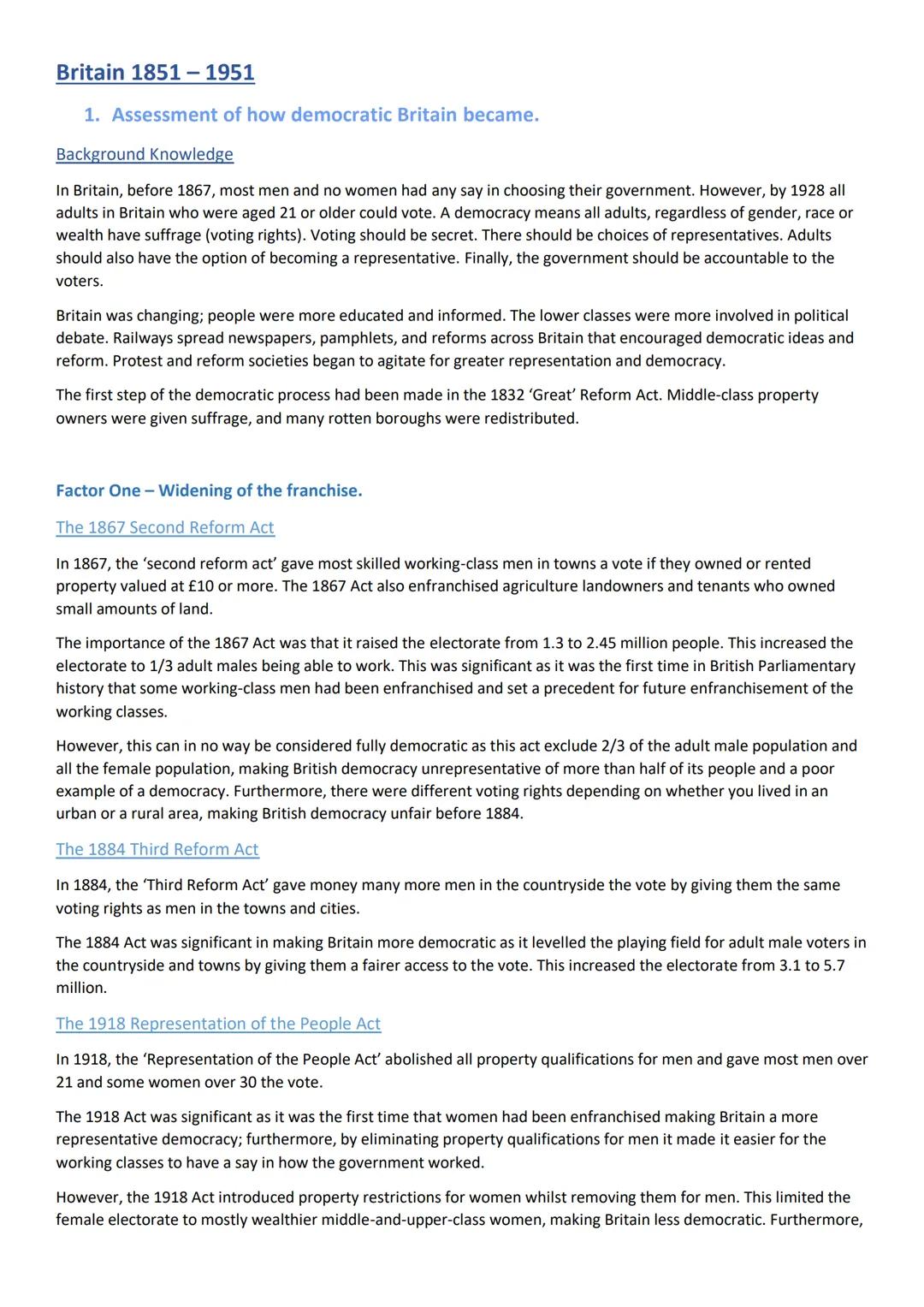 Britain 1851-1951
1. Assessment of how democratic Britain became.
Background Knowledge
In Britain, before 1867, most men and no women had an