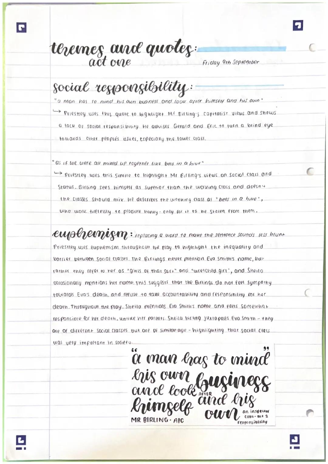 Di
teremes and quotes:
act one
Friday 9th September
social responsibility:
"a man has to mind his own business and look after himself and hi