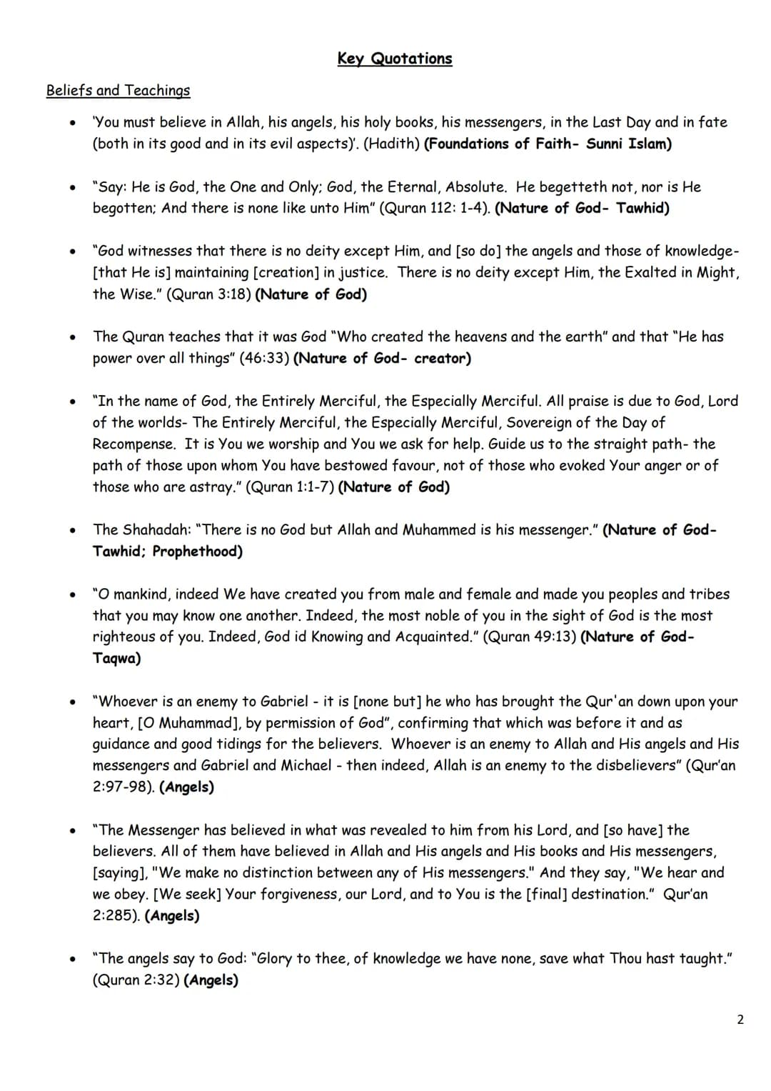 Islamic Paper:
Key Quotes
and Practise
Questions
1 Beliefs and Teachings
'You must believe in Allah, his angels, his holy books, his messeng