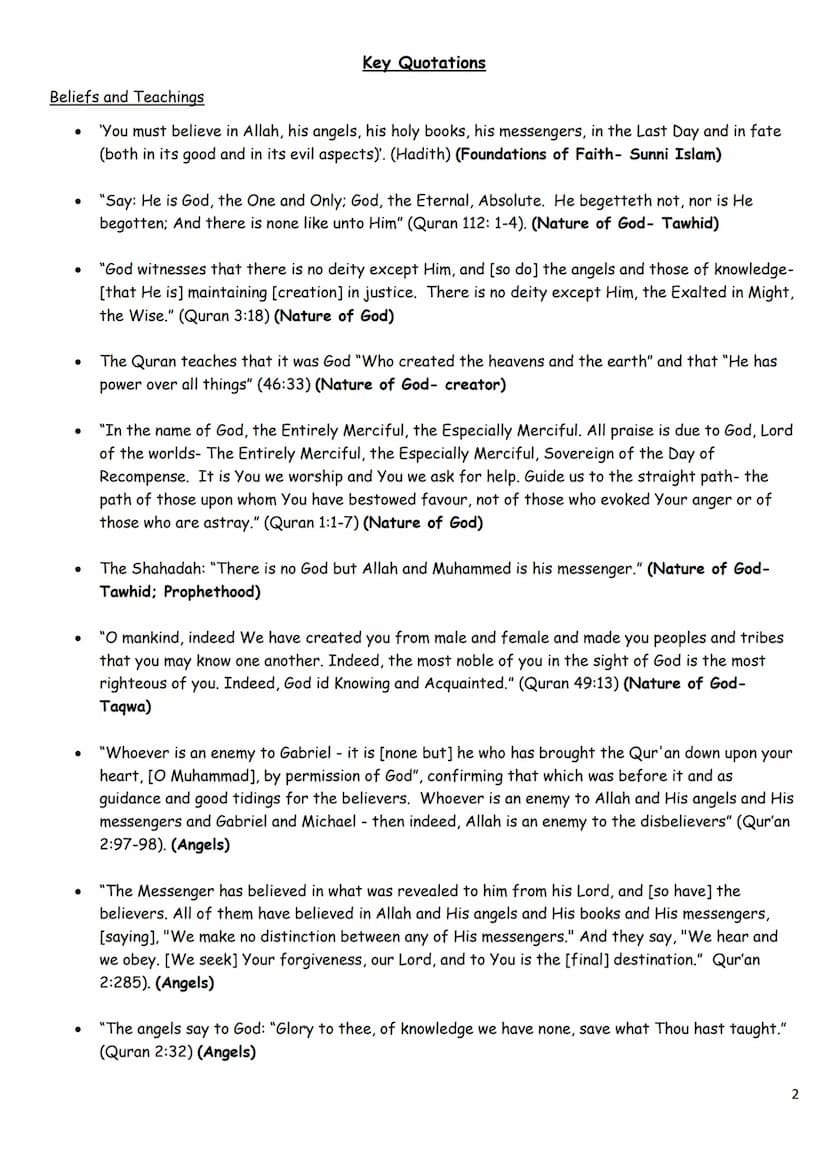Islamic Paper:
Key Quotes
and Practise
Questions
1 Beliefs and Teachings
'You must believe in Allah, his angels, his holy books, his messeng