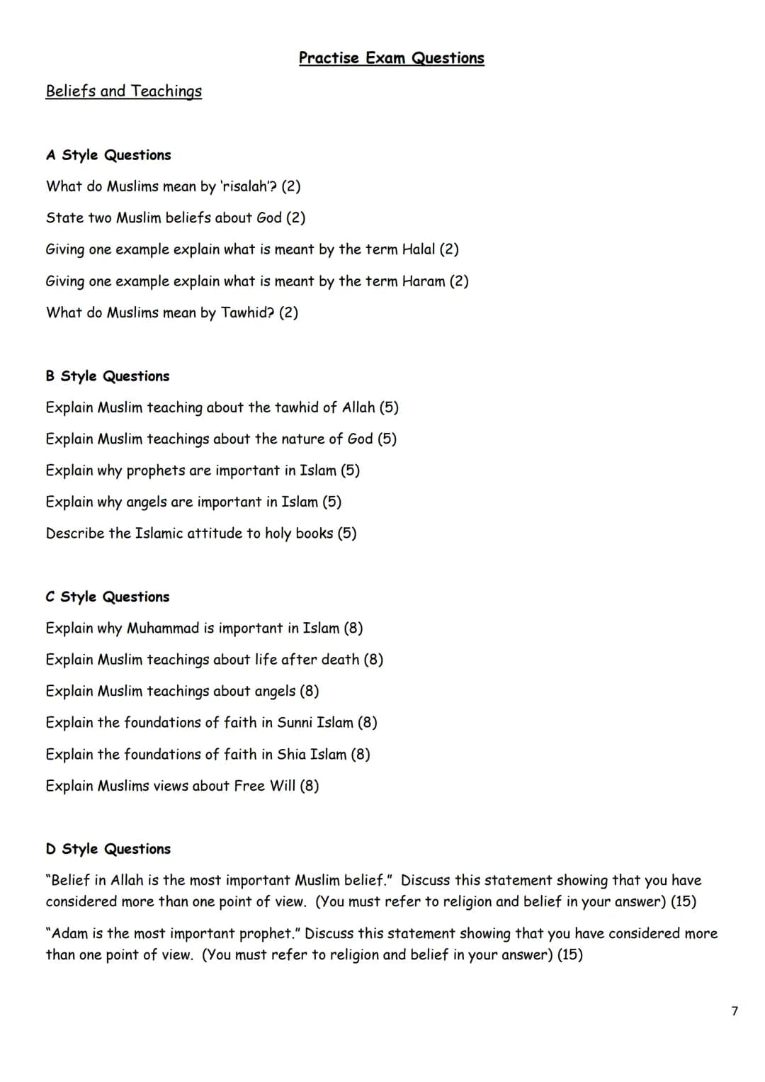 Islamic Paper:
Key Quotes
and Practise
Questions
1 Beliefs and Teachings
'You must believe in Allah, his angels, his holy books, his messeng