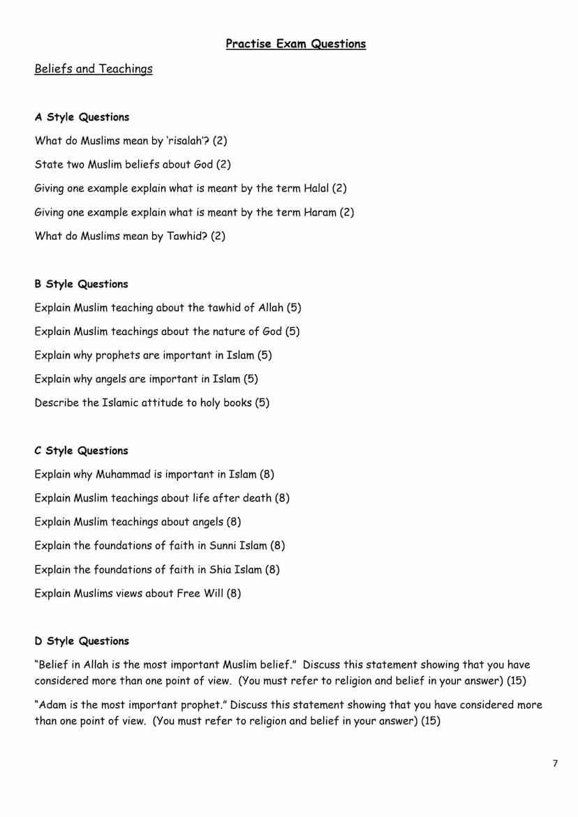 Islamic Paper:
Key Quotes
and Practise
Questions
1 Beliefs and Teachings
'You must believe in Allah, his angels, his holy books, his messeng