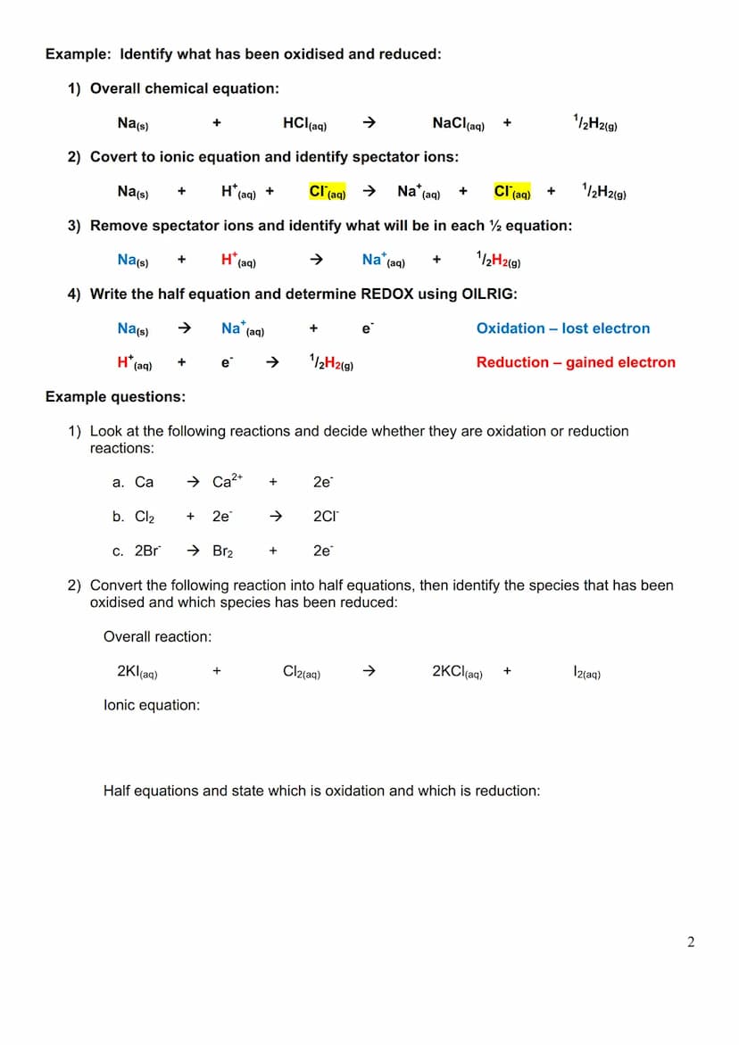 Oxidation and Reduction:
●
●
Oxidation and reduction reactions can be identified by looking at the reaction in terms of
electron transfer:
O