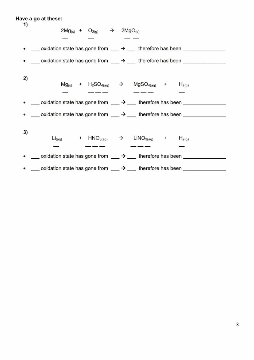 Oxidation and Reduction:
●
●
Oxidation and reduction reactions can be identified by looking at the reaction in terms of
electron transfer:
O