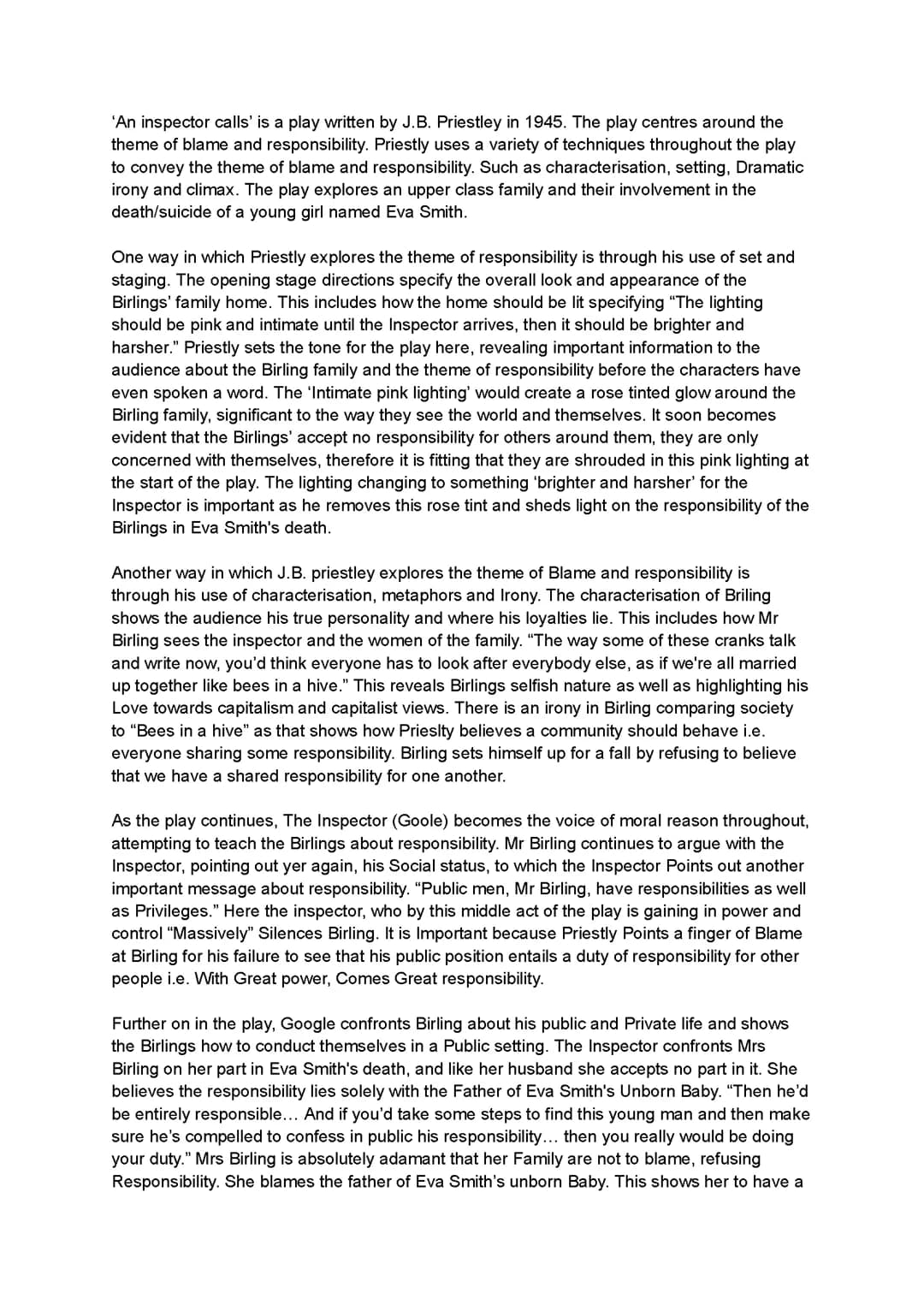 SQA N5 English: Full mark Critical Essay - Inspector Calls