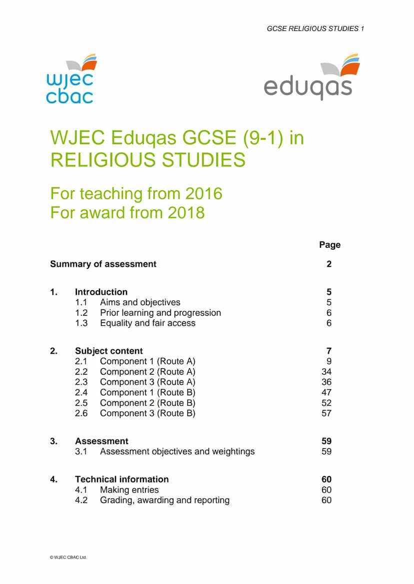GCSE
eduqas
Part of WJEC
WJEC Eduqas GCSE in
RELIGIOUS STUDIES
ACCREDITED BY OFQUAL
SPECIFICATION
Teaching from 2016
For award from 2018
Ver