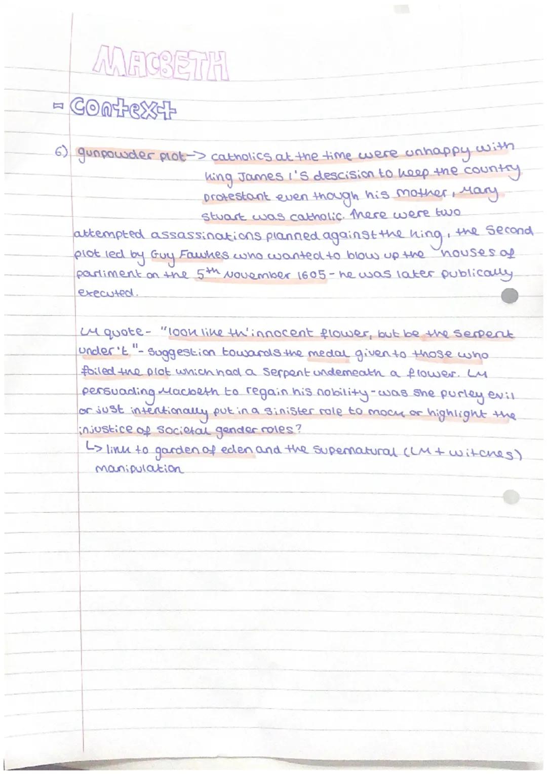 # MACBETH

- context

1) Shakespeare's time -> shanespeare wrote at the time of two
monarchs: Queen Elizabeth I (protestant) and James I (pr