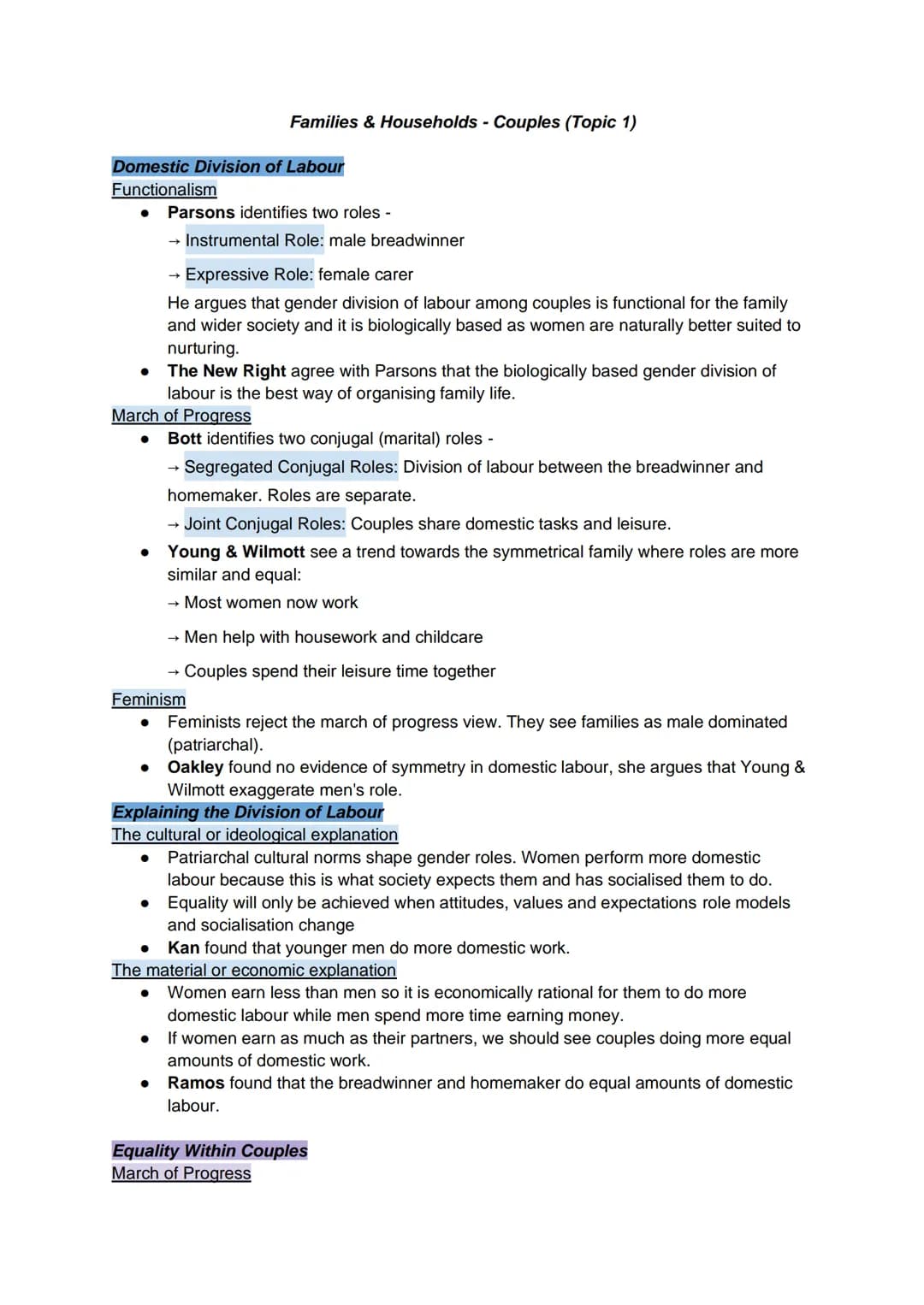 Domestic Division of Labour
Functionalism
●
Families & Households - Couples (Topic 1)
Parsons identifies two roles -
→ Instrumental Role: ma
