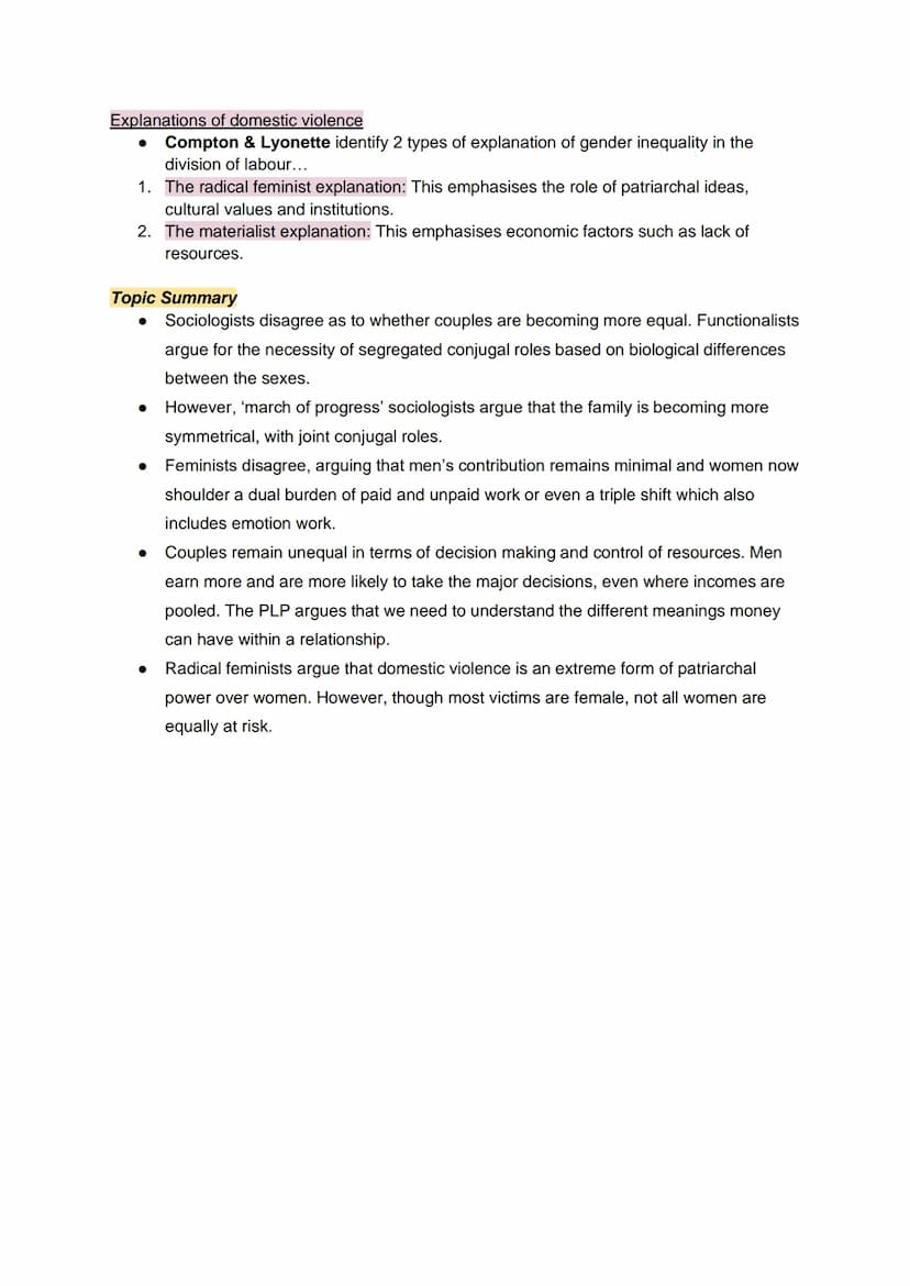 Domestic Division of Labour
Functionalism
●
Families & Households - Couples (Topic 1)
Parsons identifies two roles -
→ Instrumental Role: ma
