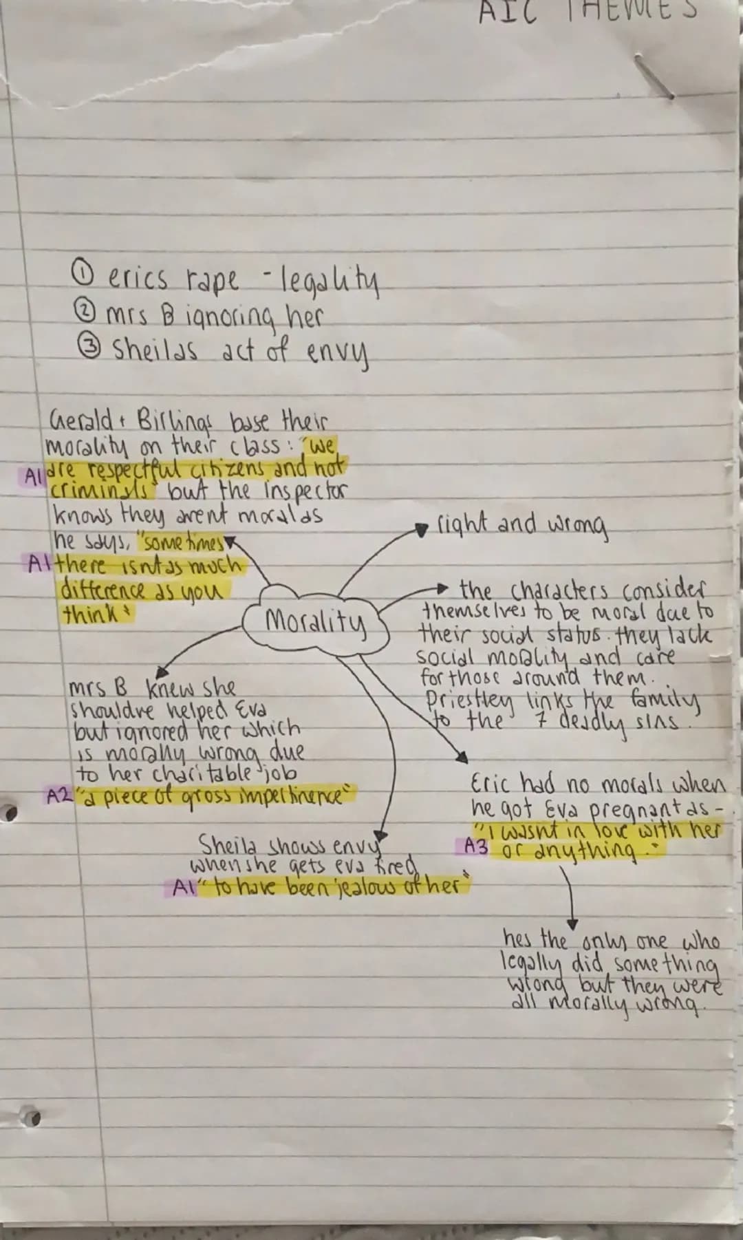 AIC
①erics rape - legality
mrs B ignoring her
③Sheilas act of envy.
t
Gerald Billings base their
morality on their class: "we,
Aldre respect