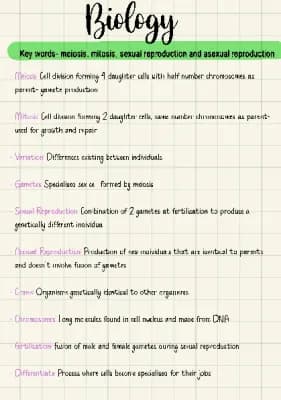 Know Key words- meiosis, mitosis, sexual reproduction and asexual reproduction  thumbnail