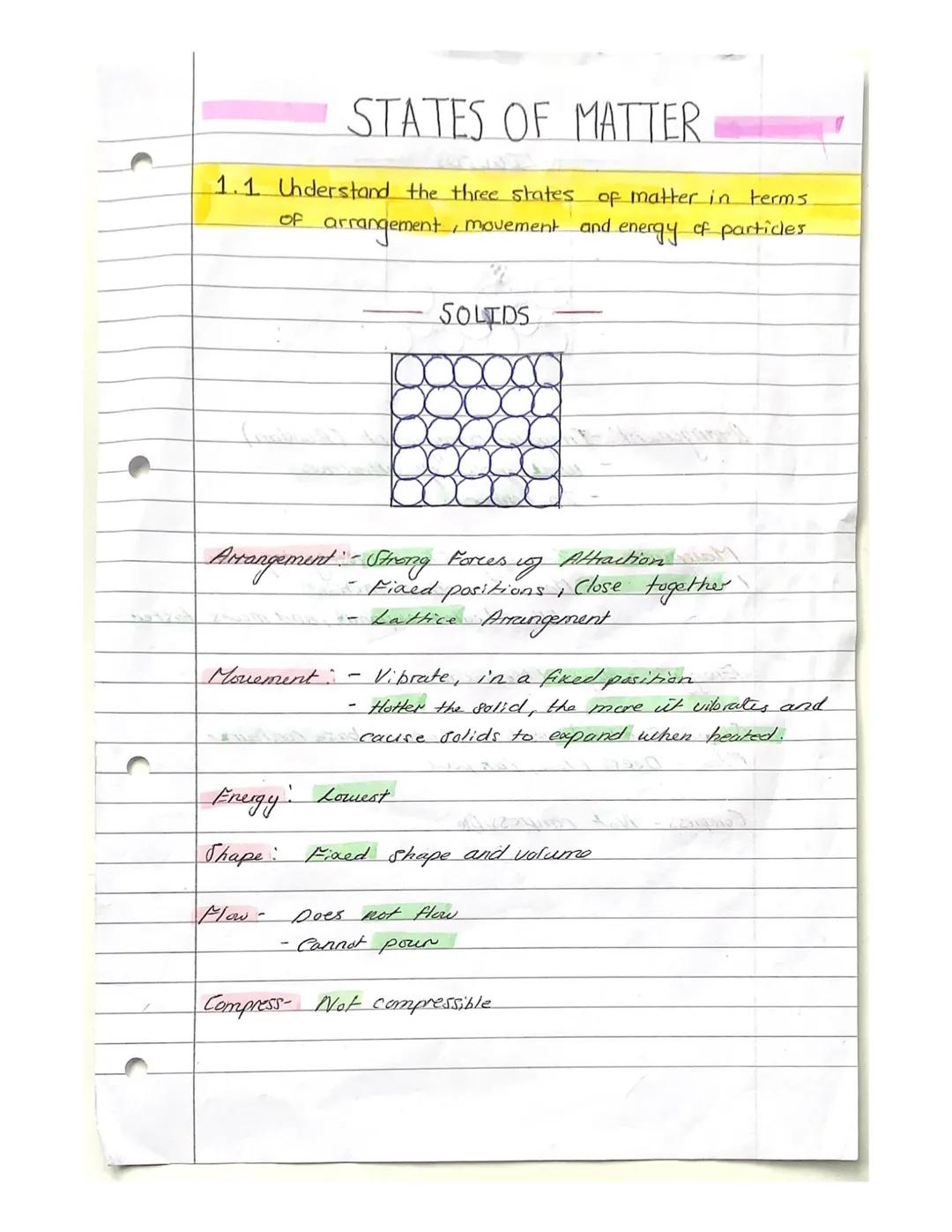 STATES OF MATTER
1.1 Understand the three states of matter in terms.
arrangement, movement and energy of particles
OF
SOLIDS
Arrangement:" -