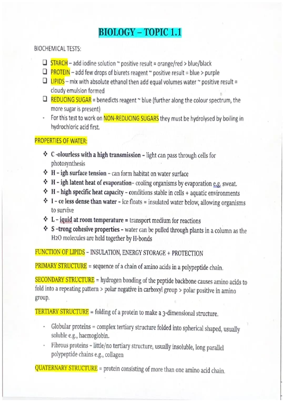 BIOLOGY-TOPIC 1.1
BIOCHEMICAL TESTS:
STARCH -add iodine solution positive result = orange/red > blue/black
PROTEIN-add few drops of biurets 