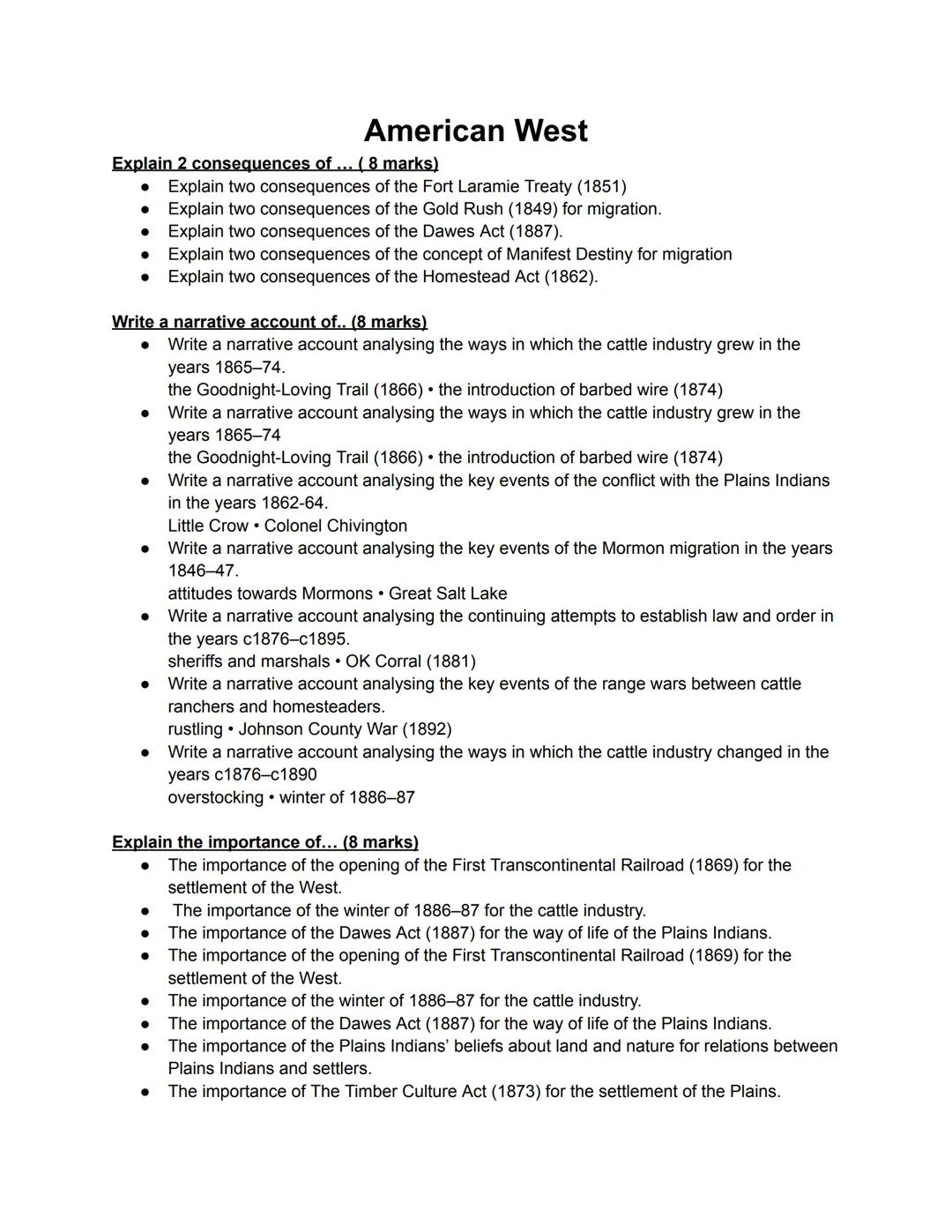 American west(past paper questions collection)